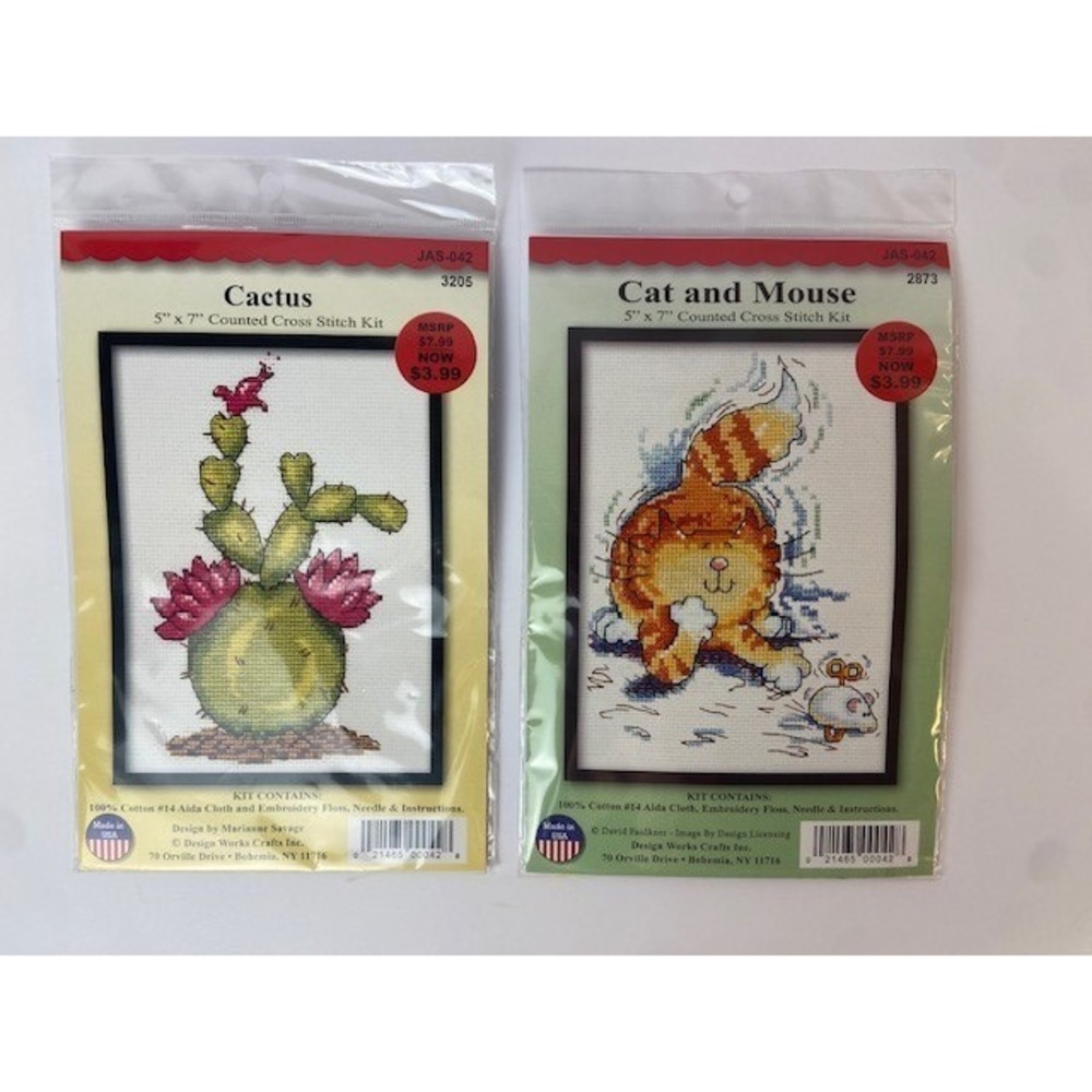 Design Works Crafts Counted Cross Stitch Kits Cactus Cat and Mouse 5x7 Set of 2